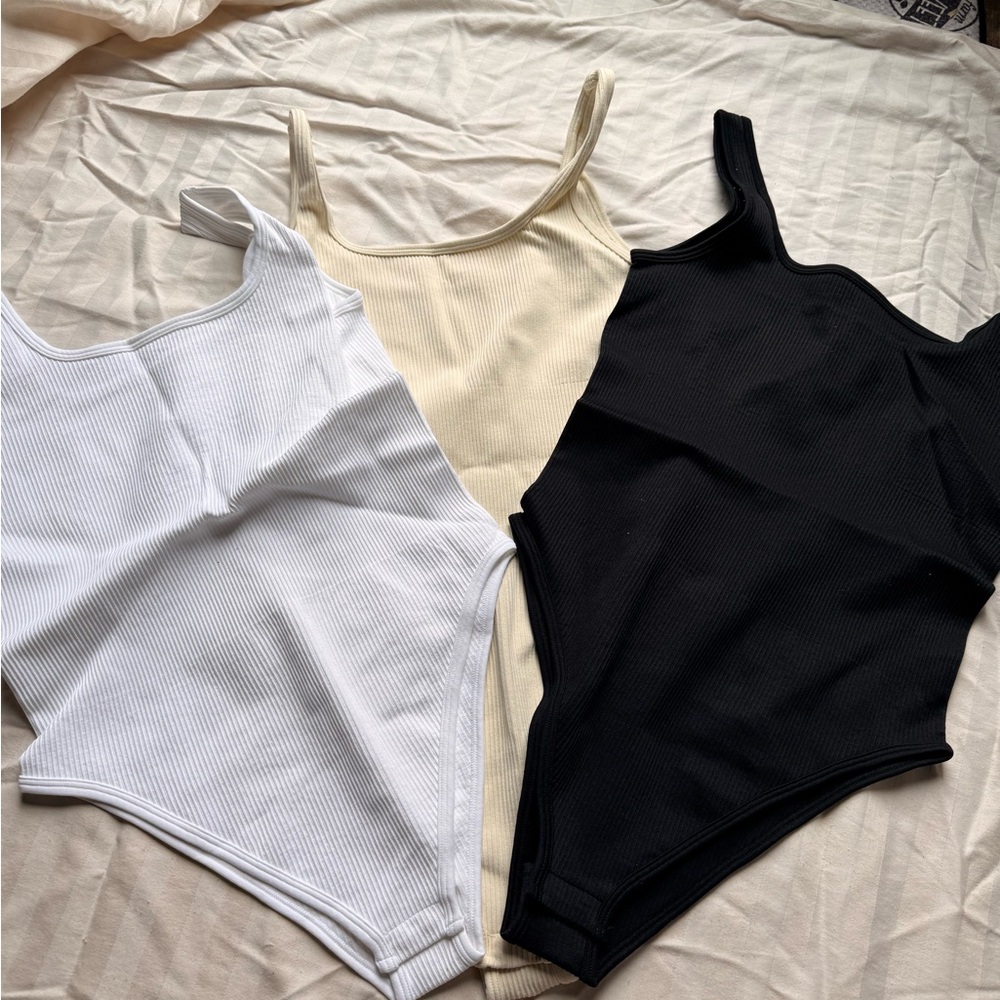 OQQ Ribbed Bodysuits - Black, White, Cream. Size M